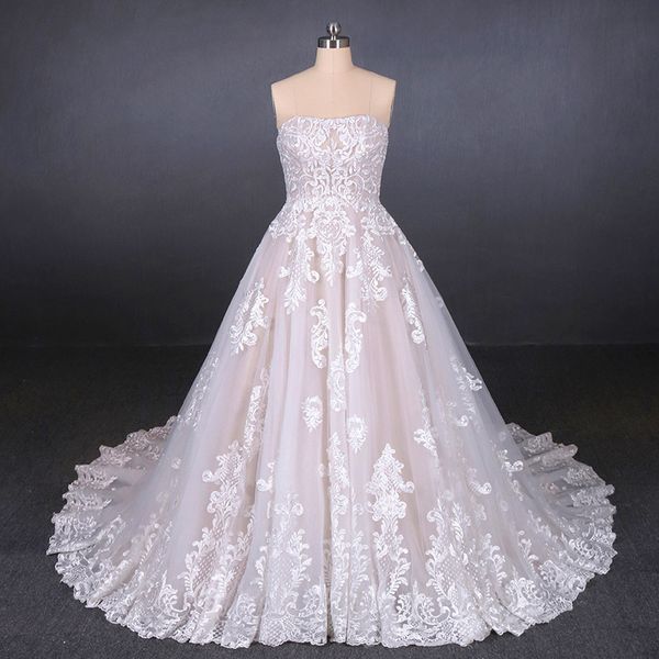 

gorgeous strapless colored wedding dresses online berta lace appliques ball gown wedding dresses with court train lace wedding gowns, White