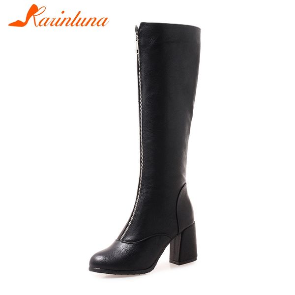 

karin plus size 32-46 new popular zipper decoration high heels shoes woman casual party retro winter spring mid calf boots, Black