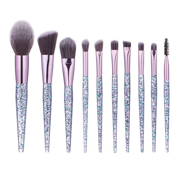 

10pcs transparent crystal makeup bruhses oem logo glitter purple makeup brush set with pu bag foundation contour eye brushes
