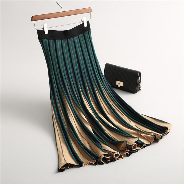 

olome 2019 women knitted pleated skirt autumn winter color patch waist women long skirt female warm ladies maxi midi saia, Black
