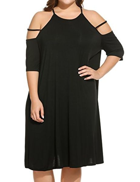 

in'voland women's plus size summer cold shoulder tunic swing t-shirt loose dress, Black;gray