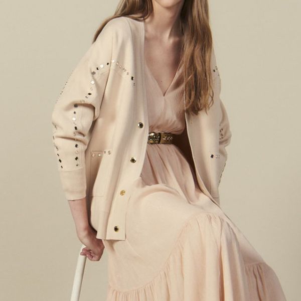 

2019 autumn/ winter v-neck rivet pocket single-breasted knit cardigan coat, White