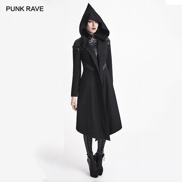 

punk rave women's gothic hooded black long coat slim winter halloween stage performance club witch outwear women woolen coats