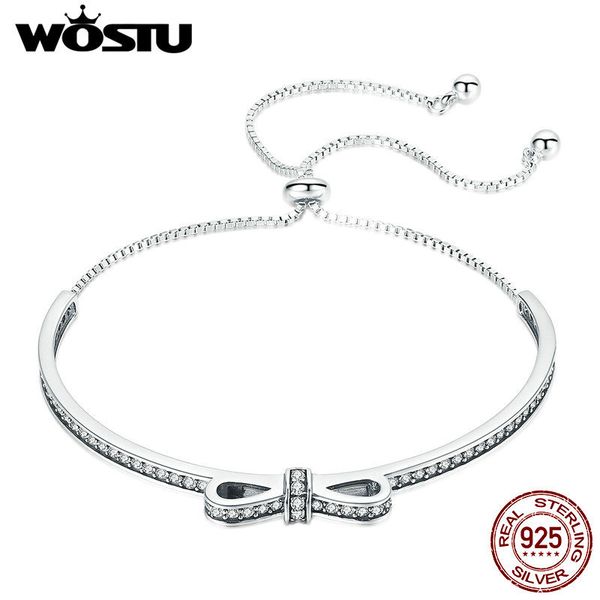 

wostu new arrival 925 sterling silver sparkling bowknot chain adjustable bracelet bangle for women s925 jewelry gift cqb108, Golden;silver