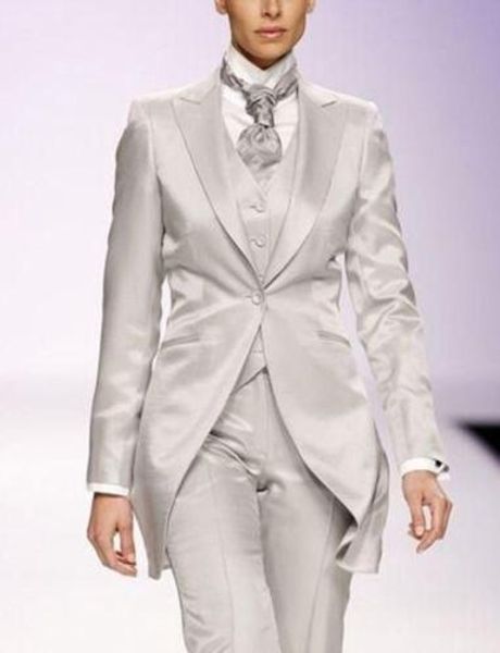 

silver gray elegant women suit tailor made 3 piece long jacket tailcoats ladies event stagetuxedo b260, White;black