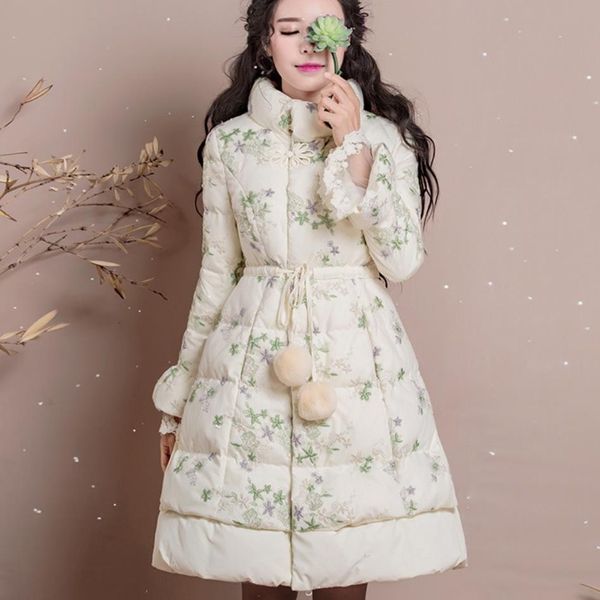 

plus size 3xl winter women long lace jacket down parkas ladies warm original lace sland collar flare sleeve white duck coat, Black
