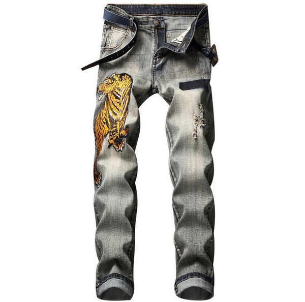 

2019 весна мужская модельер рваные джинсы ретро stretch лоскутная тайгер вышивки прямые брюки джинсовые ноги slim fit уличная, Blue
