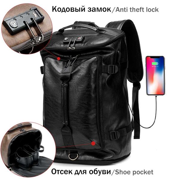 

anti theft men backpack with shoe pocket male lapbackpack pu leather black travel waterproof travel bag for men