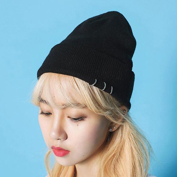 

vogue black beanies hats harajuku style iron ring pure color cotton knit skullie couples hip hop punk caps accessories