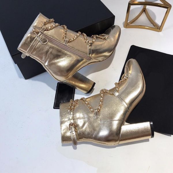 

shoes woman 2019 cow leather ankle boots high square heels chain riding woman boots zip botas mujer, Black