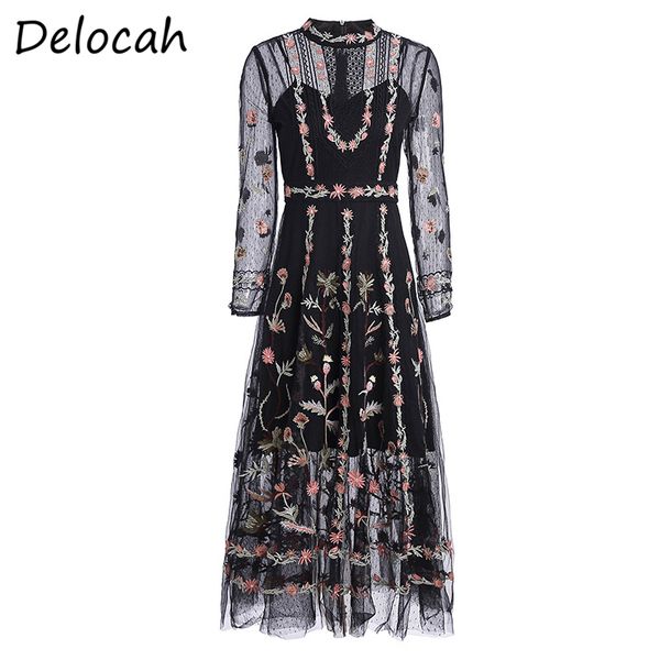

delocah весна лето платье мода руван женщины с длинным рукавом великолепная вышивка сетки элегантный тонкий женский миди платья vestidos, Black;gray