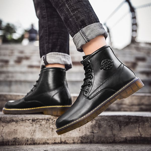 

men split leather shoes high fashion all seasons casual shoes for man motorcycle ankle boots waterproof trendy boots, Black
