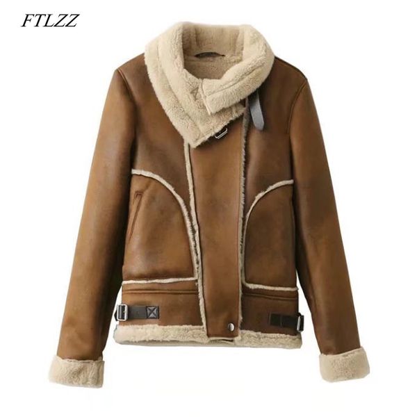 

ftlzz winter women faux leather suede lamb fur jacket coat warm thick biker zipper suede female jacket casual outwear, Black