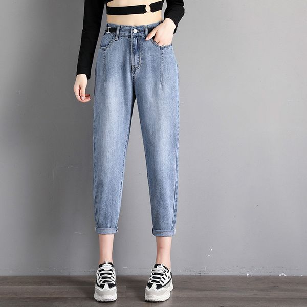 

boyfriend jeans for women elastic high waist blue jeans wide leg straight ankle length loose daddy pants female trousers