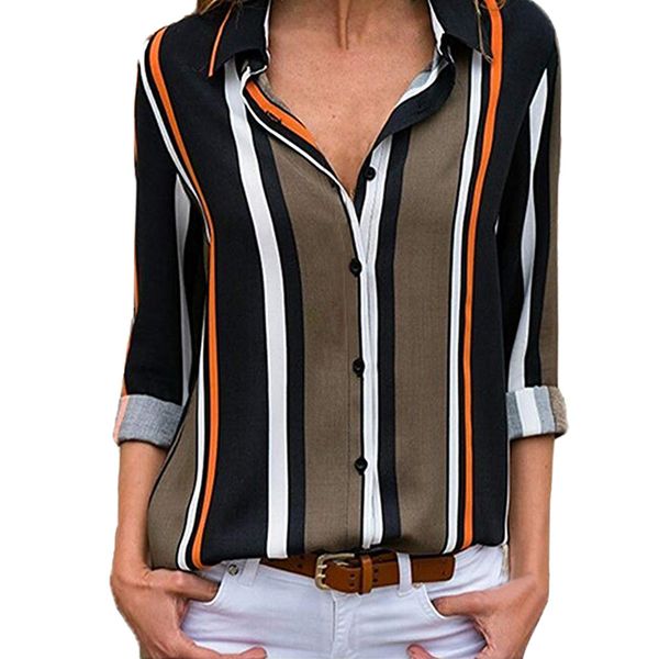 

women casual cuffed long sleeve v-neck button up striped shirt materials blusas mujer de moda #20, White
