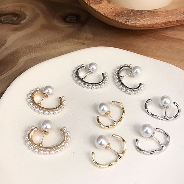 

2019 new vintage japan irregular oval semicircle simulated pearl beads stud earrings for women girl wedding party jewelry gifts, Golden;silver