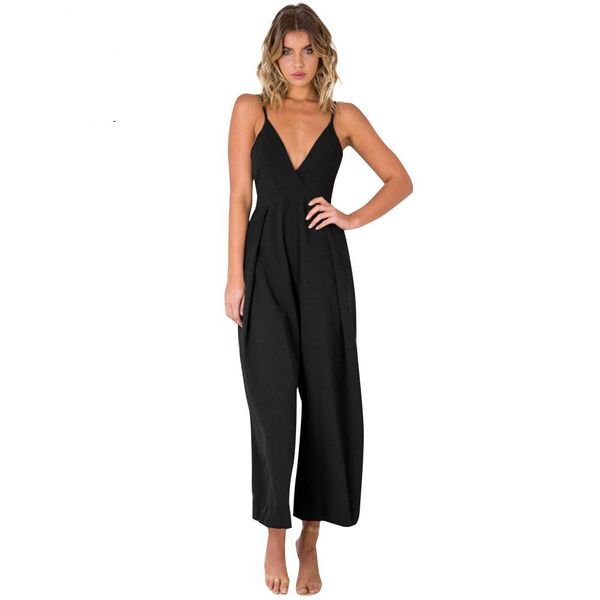 

women's deep v neck dungarees slip jumpsuit backless bandage spaghetti strap wide leg pants slim playsuit female, Black;white