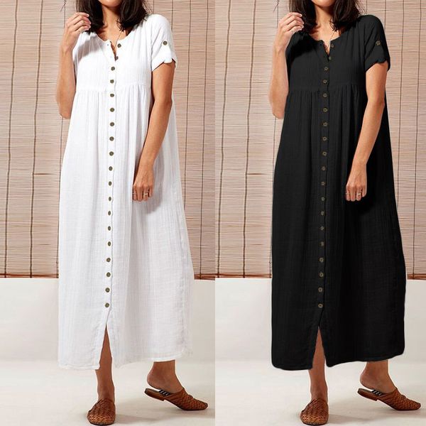 

celmia women maxi long dress plus size summer dresses 2019 short sleeve casual loose buttons vintage solid party vestidos robe, Black;pink