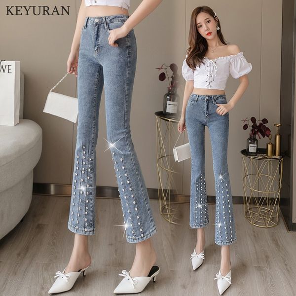

diamonds beading flare jeans fashion high waist vintage elastic slim flare denim pants 2020 new women female casual trousers, Blue