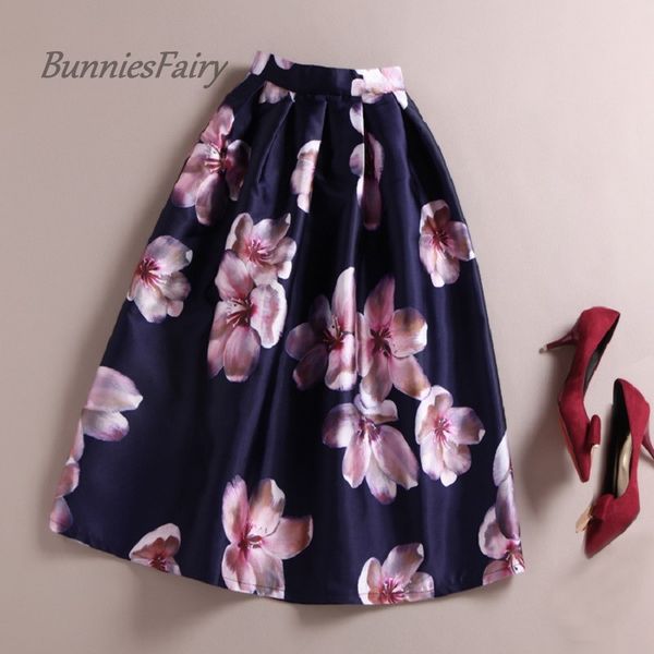 

bunniesfairy 2017 vintage style female retro peach blossom flower floral print high waist plated midi skirt tutu falda primavera, Black