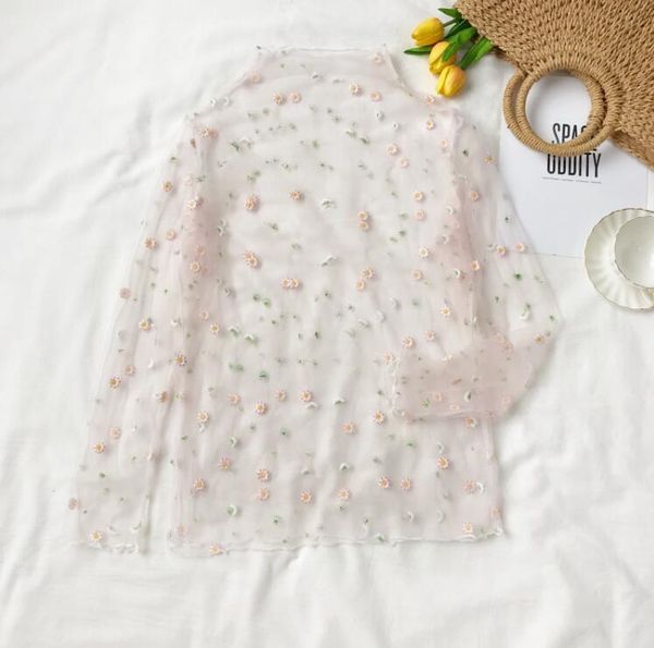 

japanese small fresh flower embroidery perspective mesh lace t-shirt, White