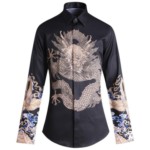 

2020 givan belun golden diamond dragon middle guofeng longtu slim fit male shirt, White;black