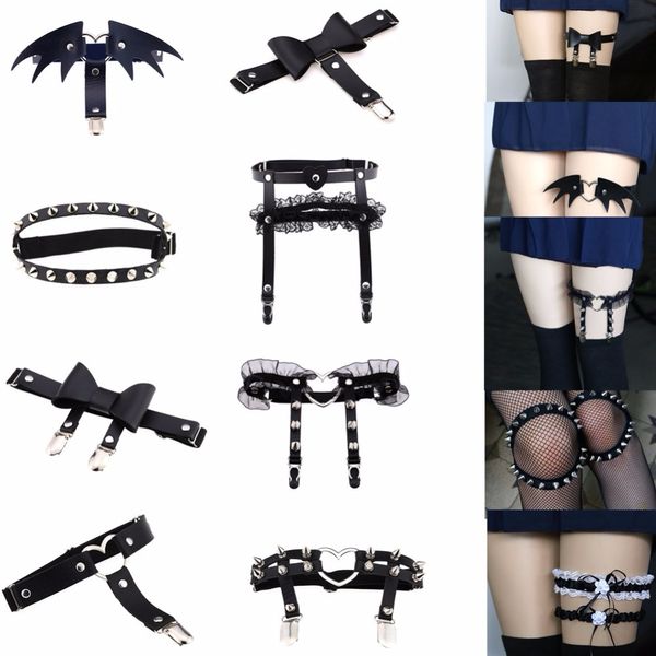 

qiamni gothic harajuku rock pub punk garter belt rivets leg ring thigh harness black leather suspenders women body jewelry, Slivery;golden