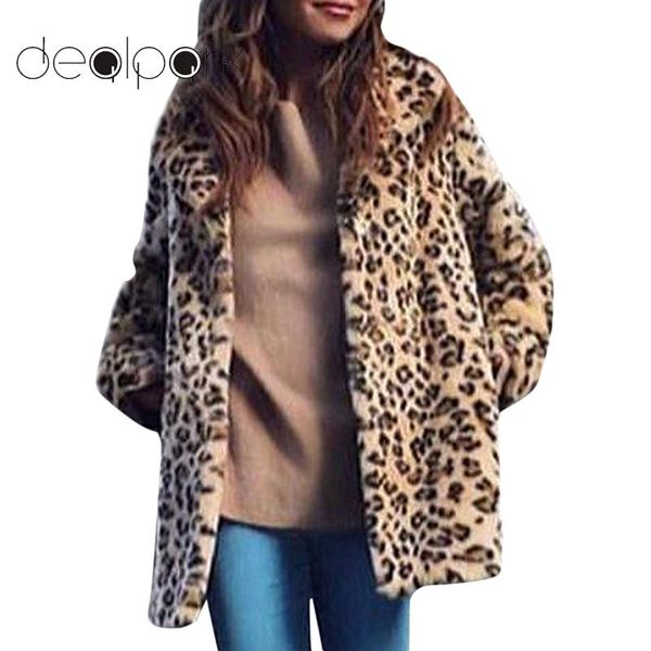 

2018 autumn winter leopard jacket women faux fur long coat leopard print notched collar long sleeve jacket parka outerwear lady, Black