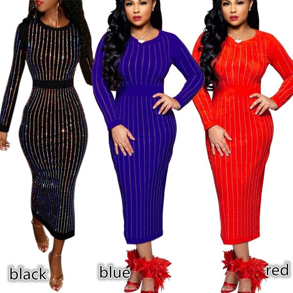 

женская мода mid-rise o-образным вырезом sexy hot diamond dress с длинными рукавами dress bodycon, Black;gray