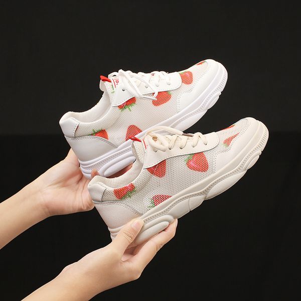 

new women flat shoes lace-up sneakers platform breathable female tenis footwear with strawberry print stylish white light, Black