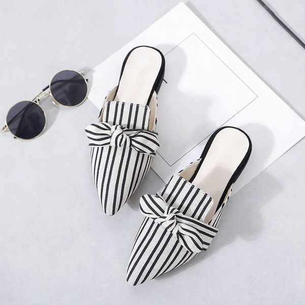 

Summer 2020 Women's Slippers Ladies Elegant Pointed Toe Bowtie Woman Stripes Low Heels Women Shoes Fashion Female Mules New
