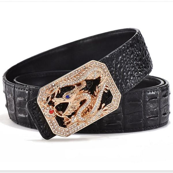 diamantes brilhantes homens cinto designer de couro de crocodilo nova moda de luxo Golden Dragon 3d suavizar 125 centímetros fivela