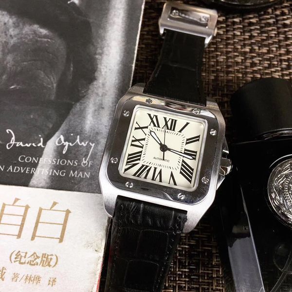 

watches 40mm stainless steel watch leather strap automatic movement mechanical silver case mens watches sports wristwatches, Slivery;brown