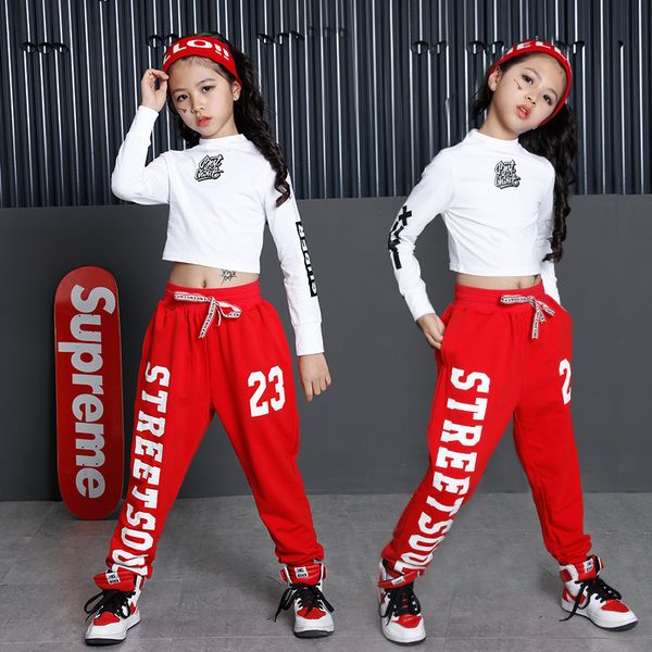 

spring autumn girls sets clothing white black cotton long sleeve cropped t shirts +pants set kids hip hop costumes for girls
