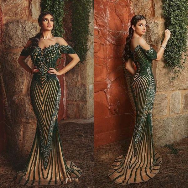 

2020 champagne with olive green prom dresses mermaid evening dress sequins applique formal party gowns bc4114