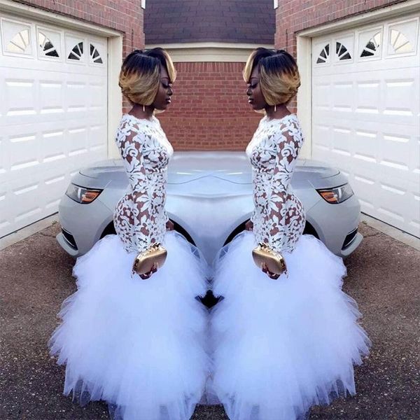 

2019 African White Mermaid Lace Prom Dresses for Black Girls Long Sleeves Ruffles Tulle Floor Length Plus Size Evening Prom Gowns Vestidos