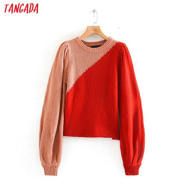 

tangada korea chic women color block sweater puff long sleeve vintage ladies short style knitted jumper ry29, White;black