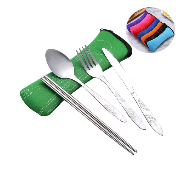 

stainless steel flatware sets knife fork spoon chopsticks tableware dinnerware with carrying case for traveling camping picnic hiking