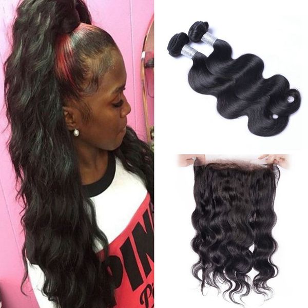 

бразильская человеческих волос straight body wave 2 связки virgin пучки волос с 360 lace фронтальным закрытие pre щипковых, Black;brown