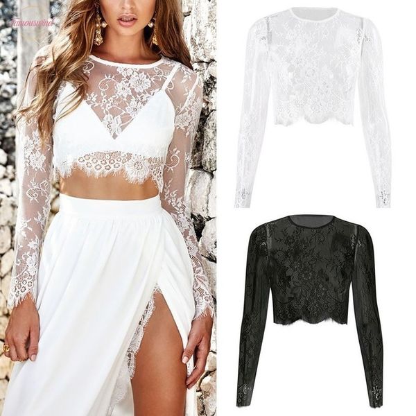 

summer women sheer mesh cropped floral lace blouse 2020 lady see kimono sleeve through shirt short sleeve tunics female, White