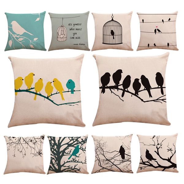 

45*45 cotton linen christmas pillowcovers home chair cushion case fall winter throw pillowcase bedroom bird halloween pillow case