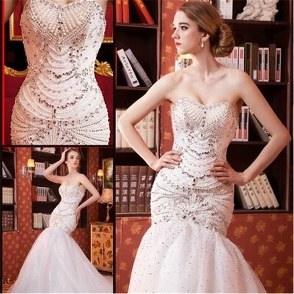 

sweetheart bling bling crystal beaded mermaid wedding dresses 2020 slim bridal gowns lace up back custom luxurious custom robe de mariage, White
