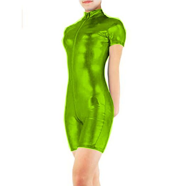 Plus Size Kurzarm-Wettbewerbstanz-Trikot Damen-Overall mit Reißverschluss bis zum Schritt Glänzender Skinny-Body Sexy Metallic-Playsuit