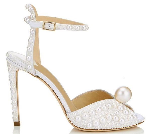 

satin sandals with all over white pearls sacora 100mm pearl embellished pumps ankle strap peep-toe sandal wedding shoes, Black
