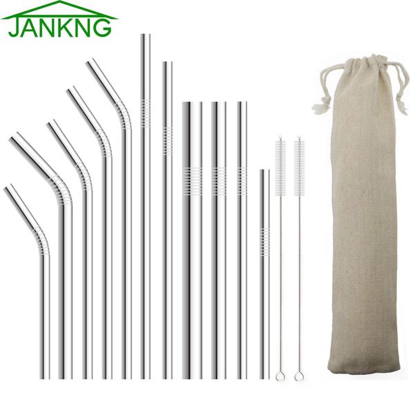 

jankng multi-size reusable stainless steel metal drinking silver straws with cleaner bent brush pack kit party bar accessories