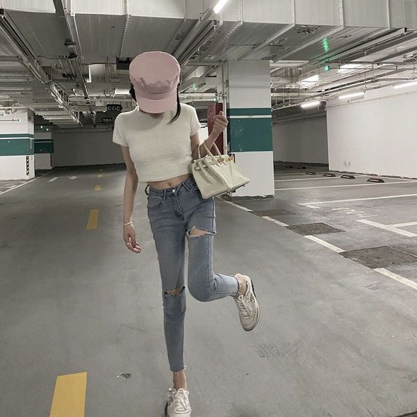 

20 new distressed denim pants women's high waisted beggars' nine point legged pants in spring 2020, Blue