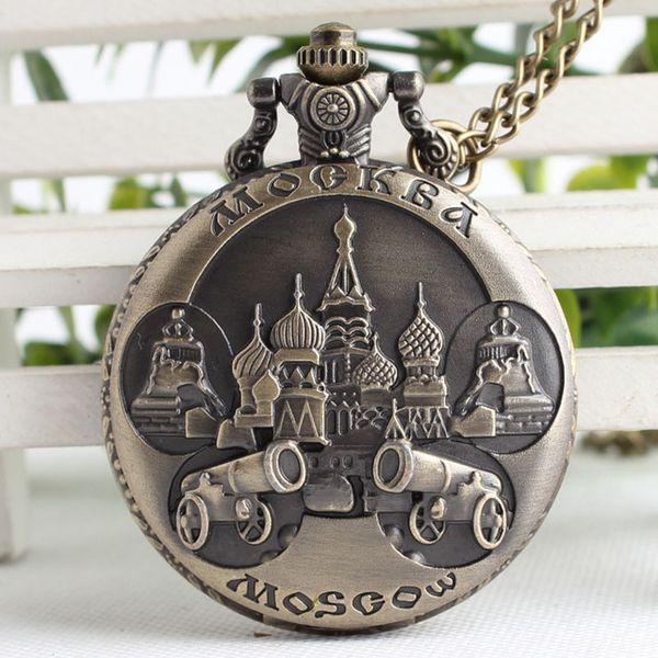 

retro carving mosoow steampunk quartz pocket watch retro bronze women men necklace pendant clock with chain xh3022, Slivery;golden