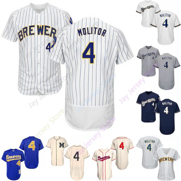 

Custom Milwaukee 4 Paul Molitor Jersey Brewers Jerseys Cool Base Flexbase White Black Red Grey Home Away Men Women Youth All Stitched