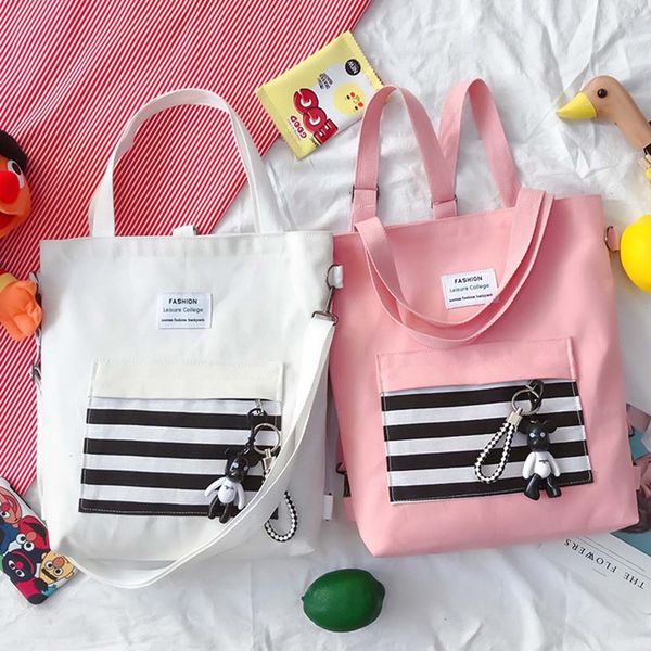 

woman canvas totes bag 2019 selling striped girls school book bag black single shoulder shopping