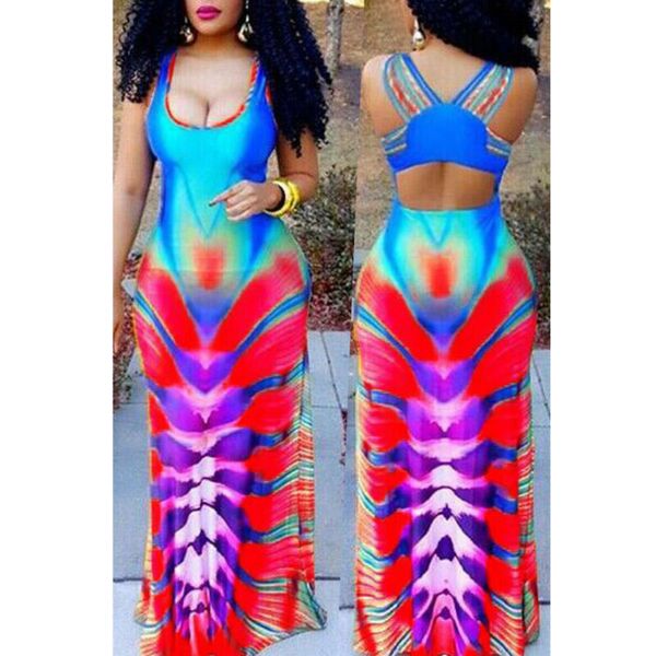 

summer women ladies boho beach maxi dress holiday gradual-change colorful sleeveless backless sheath fashion sun dresses, Black;gray